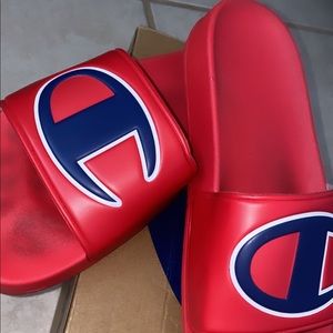 unisex red blue & white champion slides